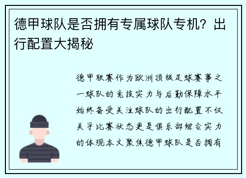 德甲球队是否拥有专属球队专机？出行配置大揭秘